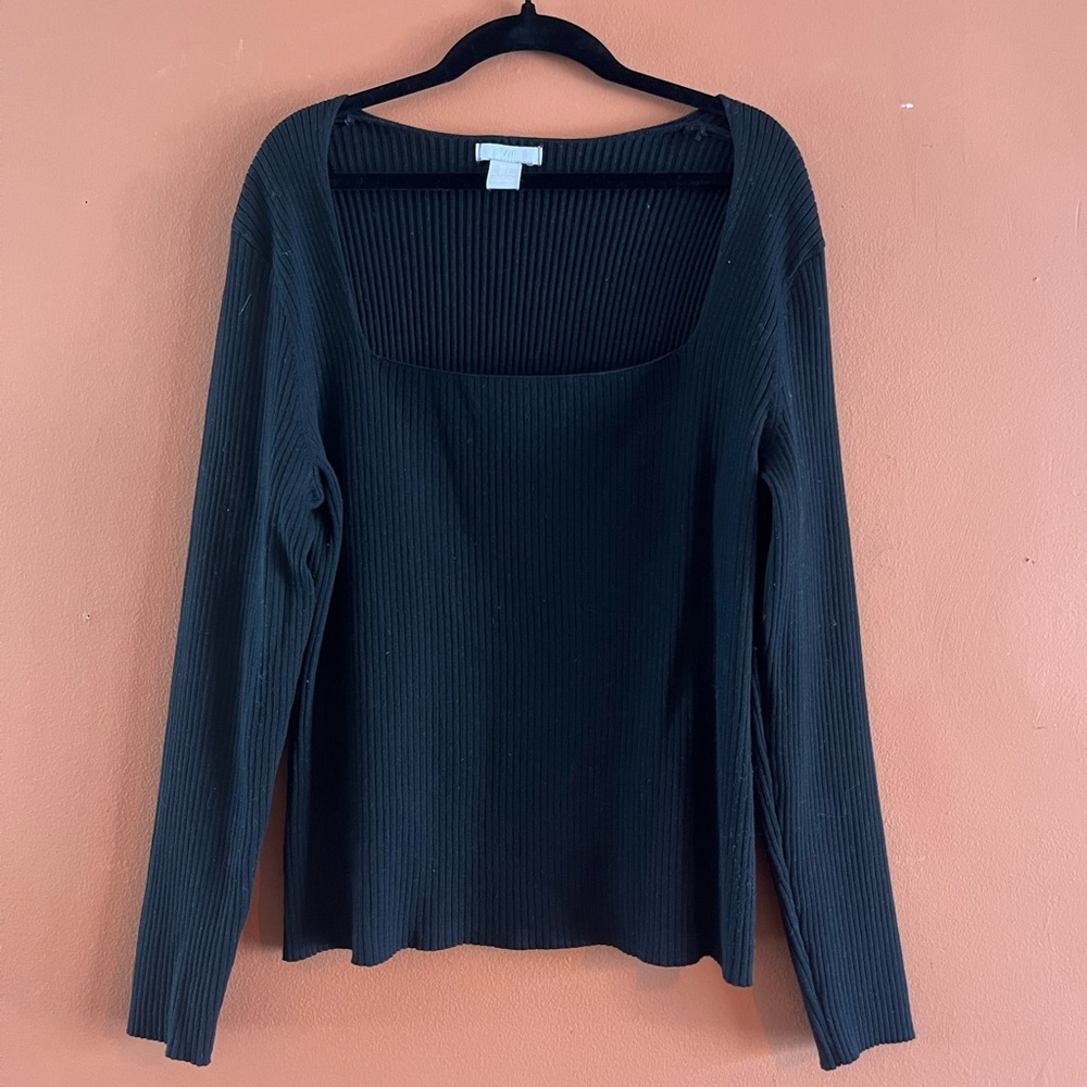 H&M Black Square Neck Long Sleeve Ribbed Top